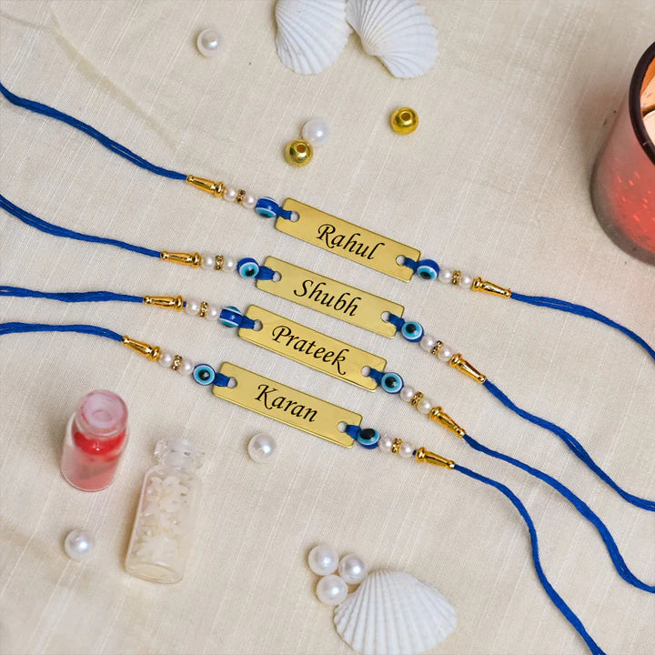 Customised Golden Name Rakhi With Evil Eye